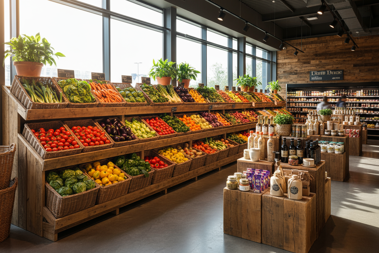 “Interior de supermercado elegante con estantes rústicos de madera, bien organizados, con una sección destacada de frutas y verduras frescas, coloridas y brillantes. Ambiente cálido y sofisticado, con luz natural y detalles como canastas de mimbre, plantas, y productos gourmet. Estilo moderno pero acogedor, transmite frescura y calidad.” que sea realista